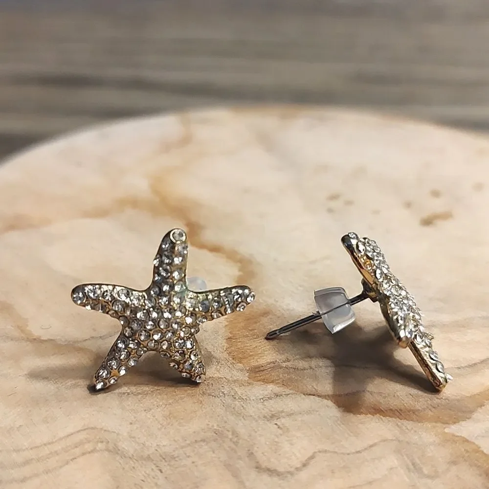 Gold Tone Rhinestone Sparkle Sea Star Pierced Earrings